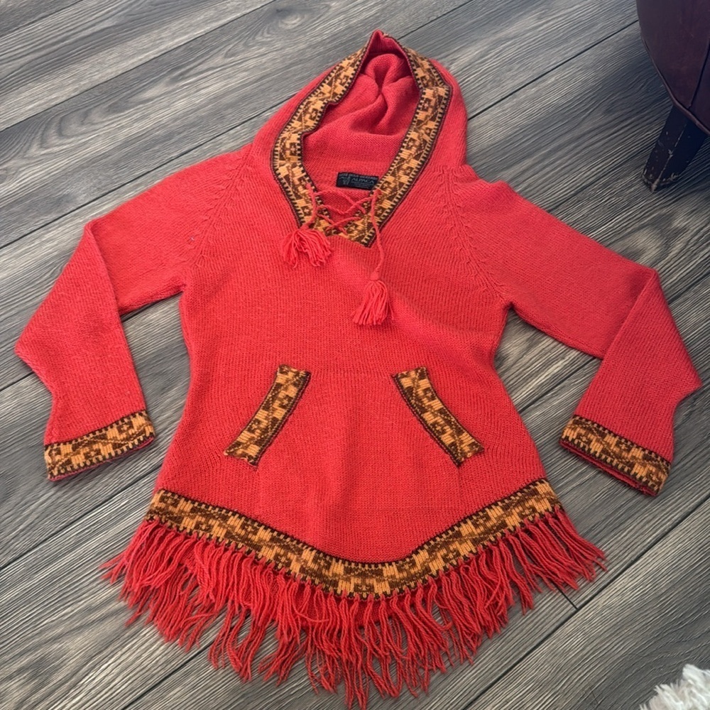 100% Alpaca Wool Hooded Fringe Knit Sweater Orange Size Small